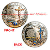 A commemorative coin featuring John 3:16 with a depiction of Jesus on the cross and a globe.