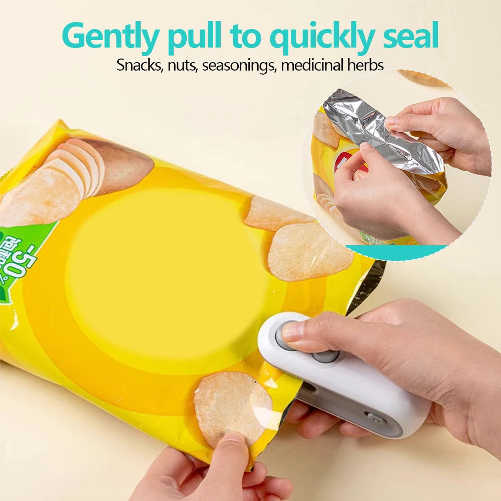 A hand is using a yellow bag sealer to gently pull and seal snacks or herbs.