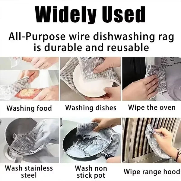 A set of durable, all-purpose wire dishwashing rags being used to clean various household items like food, dishes, ovens, and