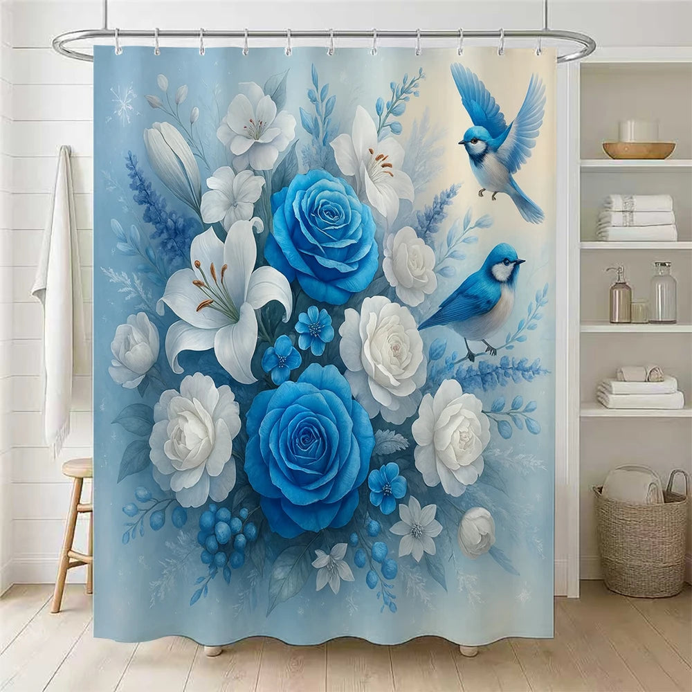 A vertical floral watercolor print featuring blue and white roses, lilies, and blue birds on a light blue background.