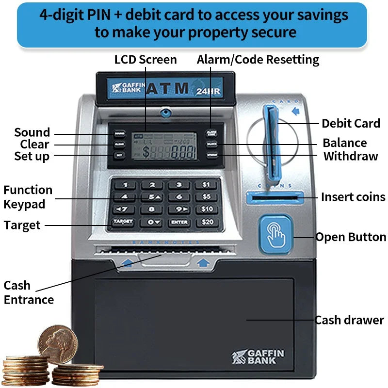 A silver ATM-like device with an LCD screen and keypad is shown next to coins, used for securing savings.
