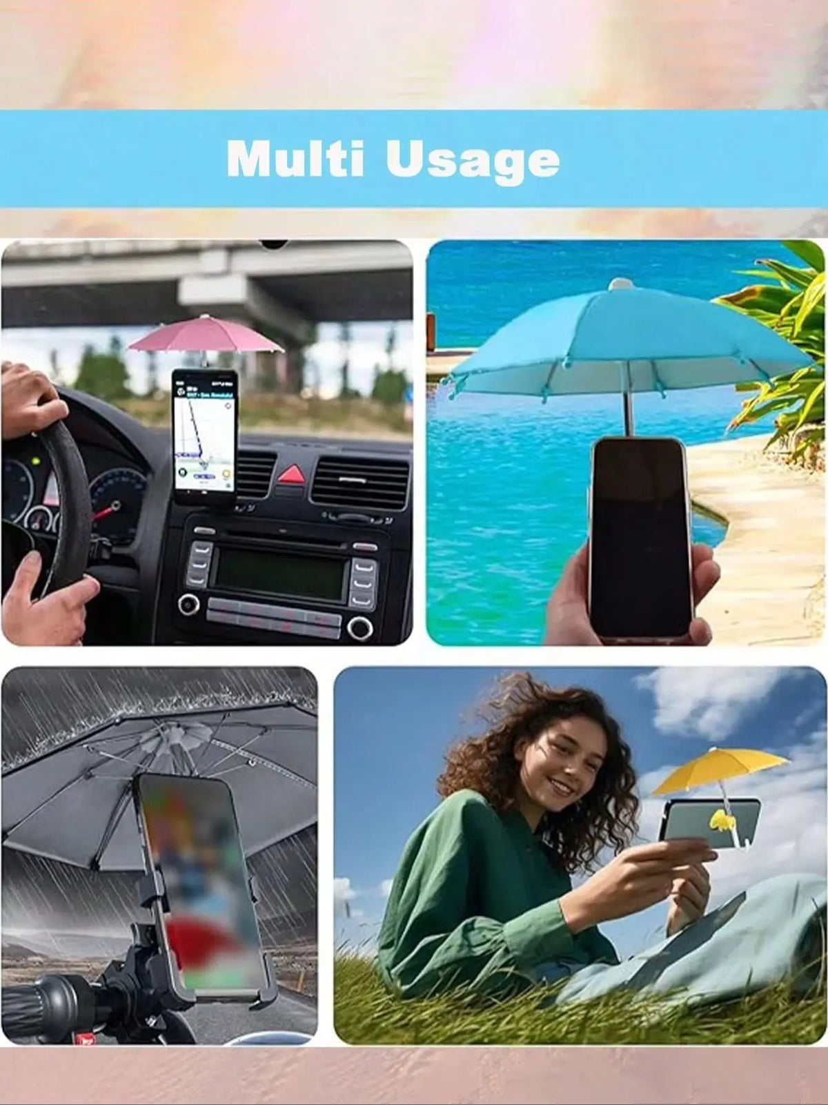 A collection of multi-usage phone sunshades and umbrellas shown in various outdoor contexts.