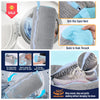 A gray zippered laundry bag used to wash shoes, demonstrating its anti-slip band and quick soak feature.