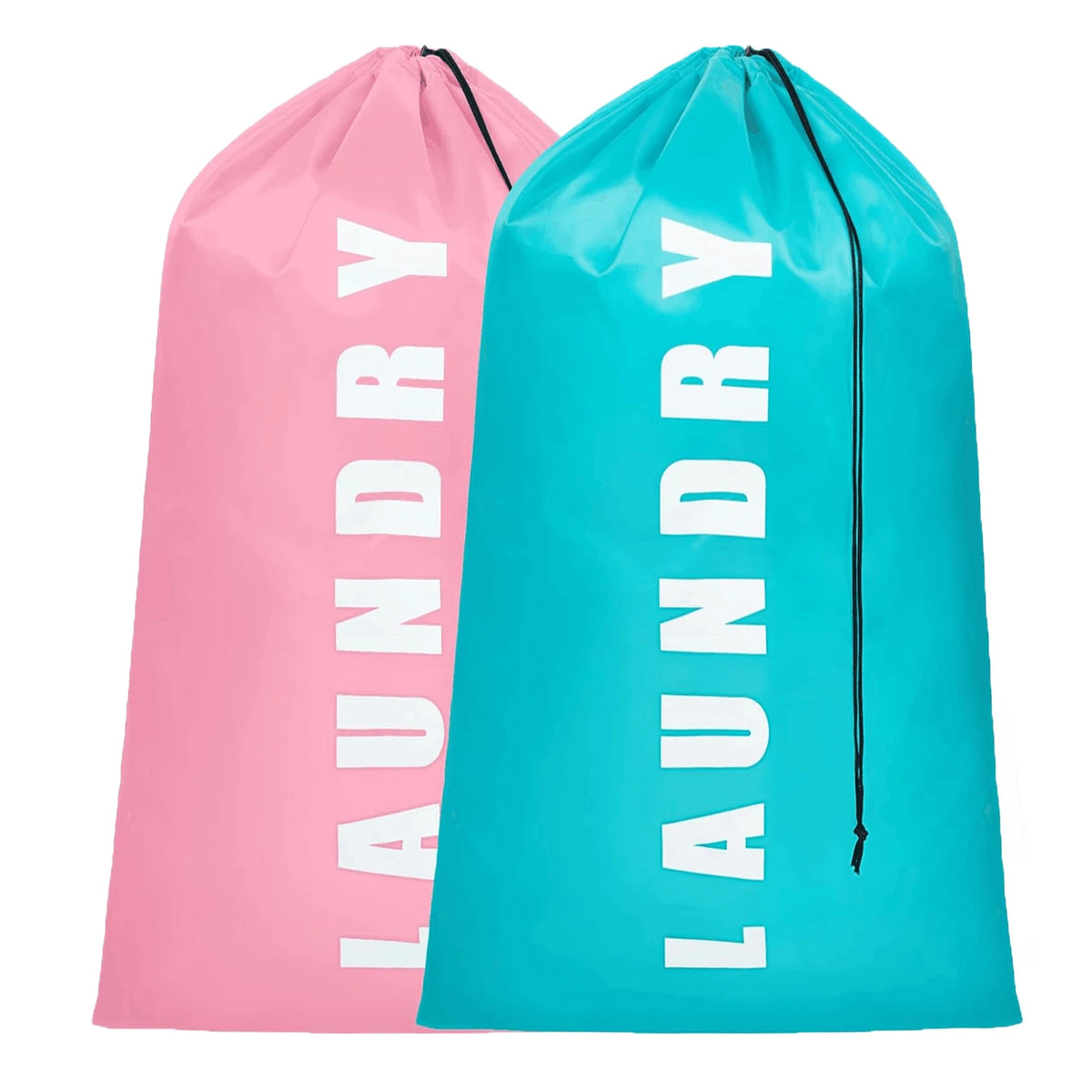 Un par de resistentes bolsas de lavandería para viajar, rosa brillante y turquesa