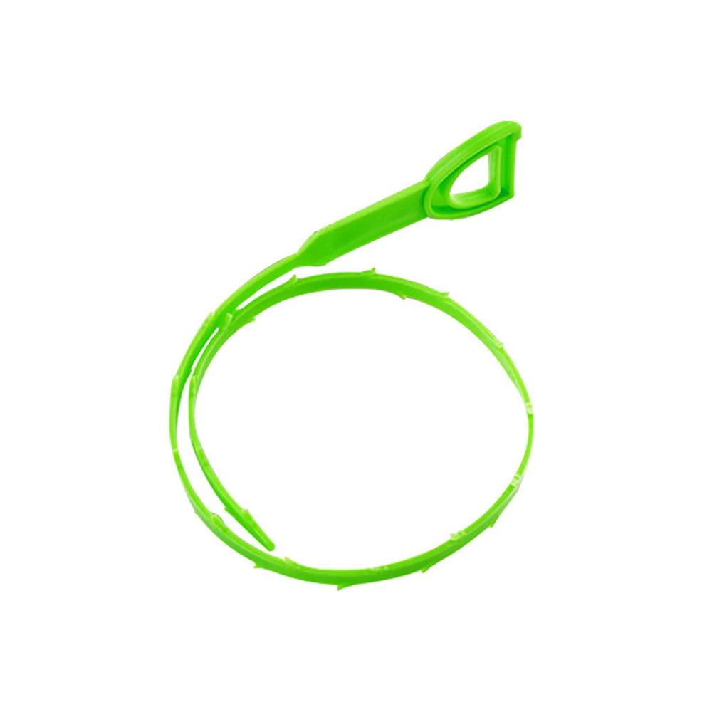 A bright green flexible drain cleaning brush with a handle and loop for cleaning sinks and pipes.