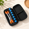 A black portable peptide storage case with multiple glass tubes and blue caps is shown on a light surface.