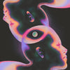 Abstract futurism canvas wall art print featuring a stylized, glowing face in purple and green hues.