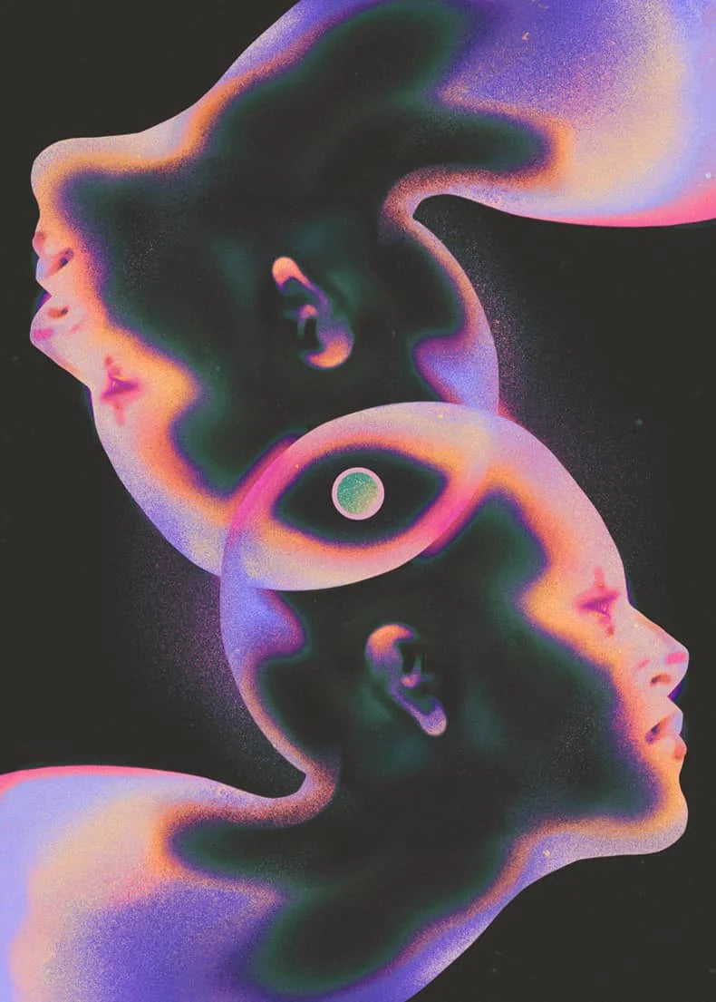 Abstract futurism canvas wall art print featuring a stylized, glowing face in purple and green hues.