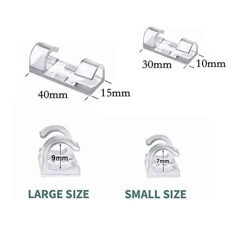 Various sizes of heavy duty self-adhesive cable clips shown with measurements for cord management.