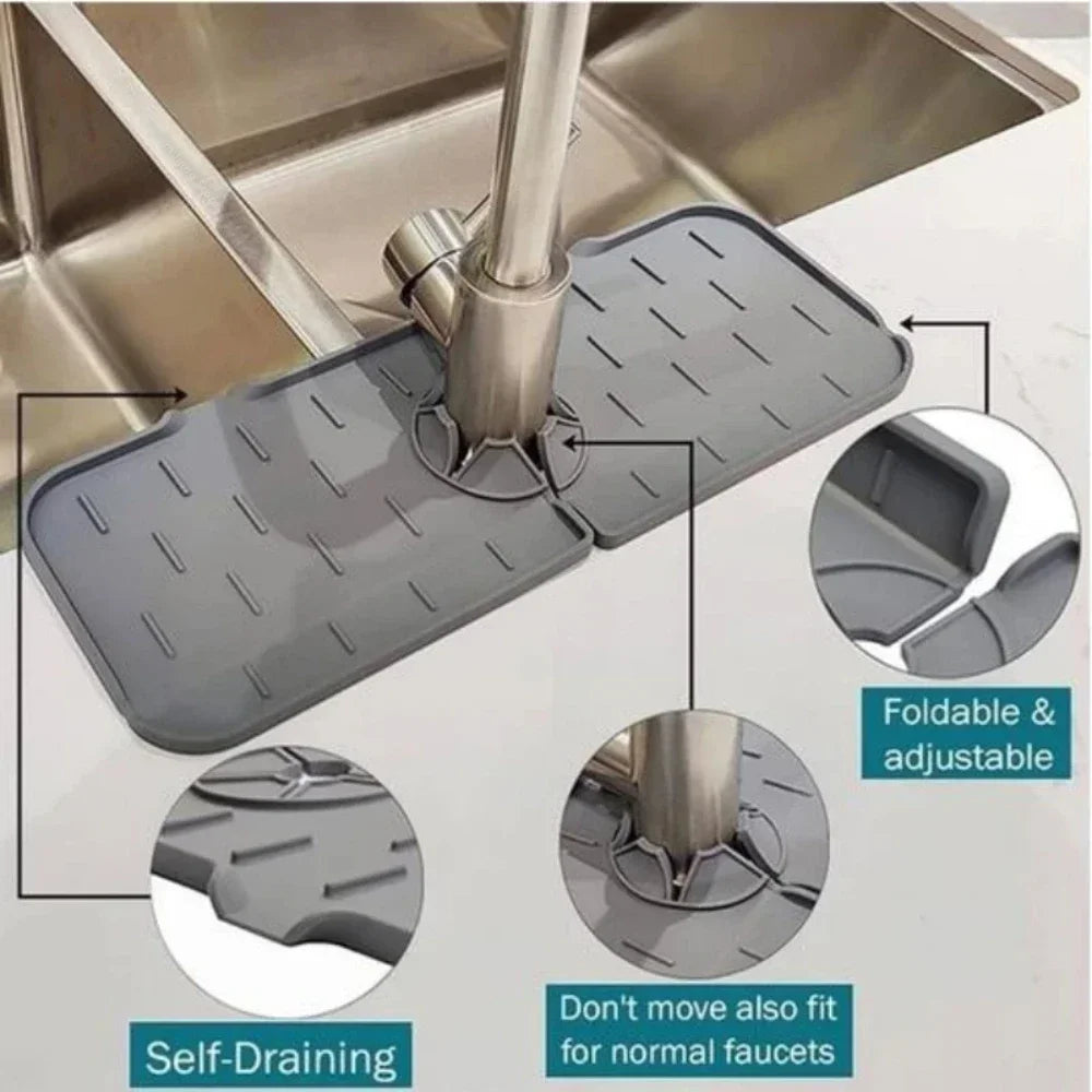 Silicone kitchen sink drainer and splash guard mat with a flexible design for easy draining.