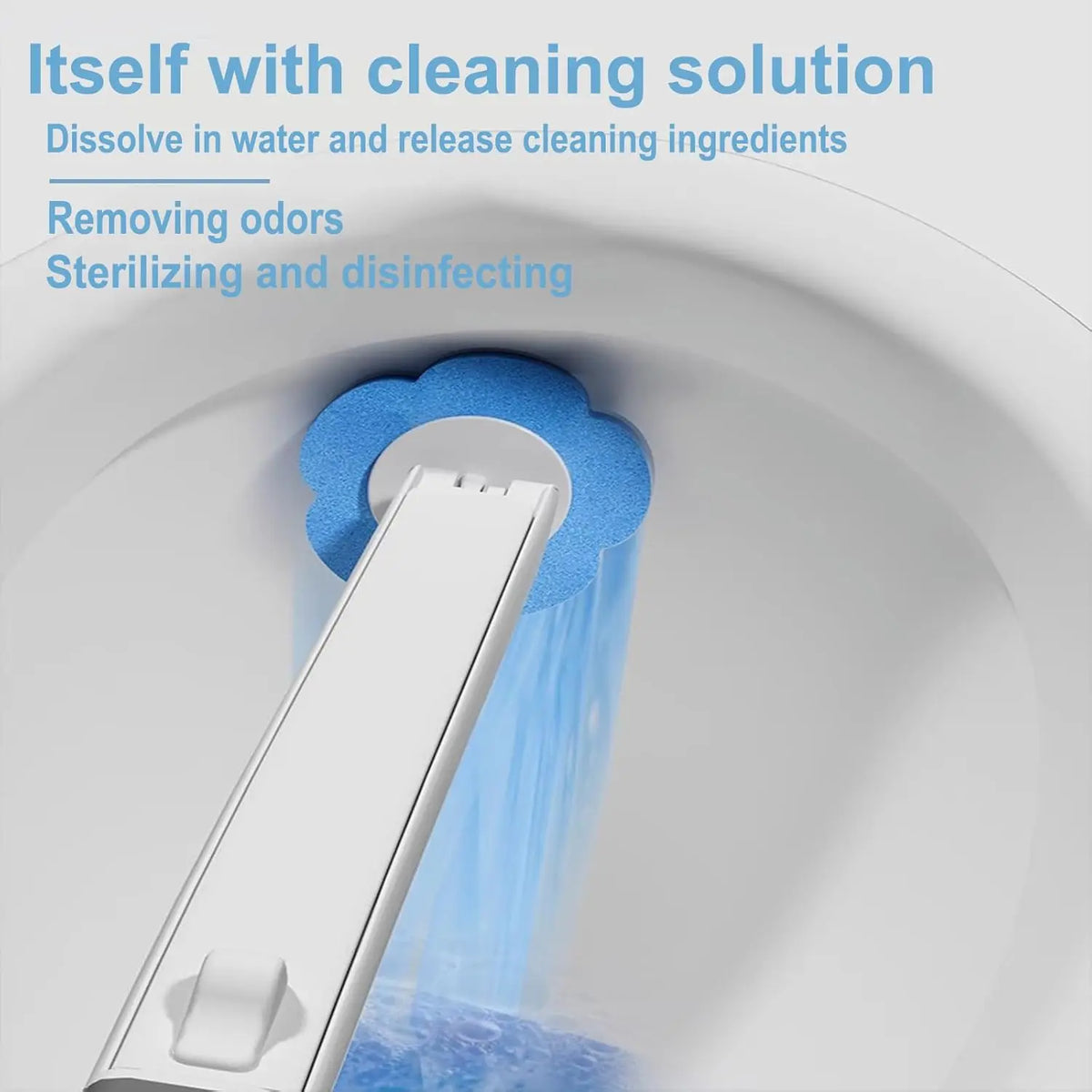 A disposable toilet brush and holder set is shown dispensing a cleaning solution into water.
