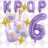 A set of purple balloons shaped like letters and numbers, including the word KPOP and the number 6, with golden star accents.