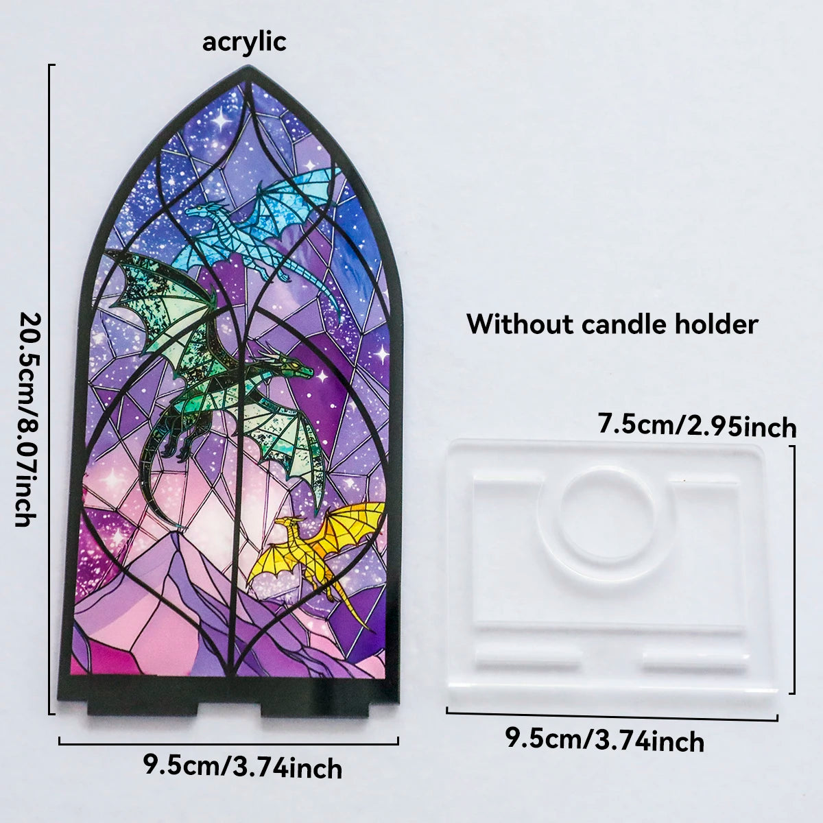 Porta velas de vidrio emplomado de arco gótico con colores púrpura y verde.