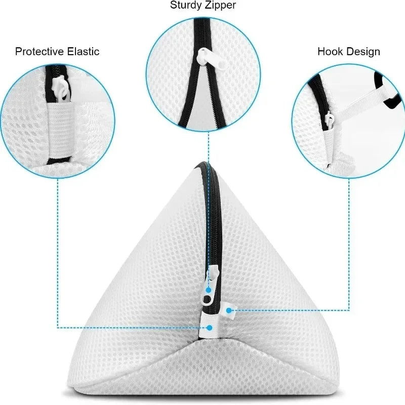 White mesh laundry bag for shoes and delicates featuring a sturdy zipper and hook design