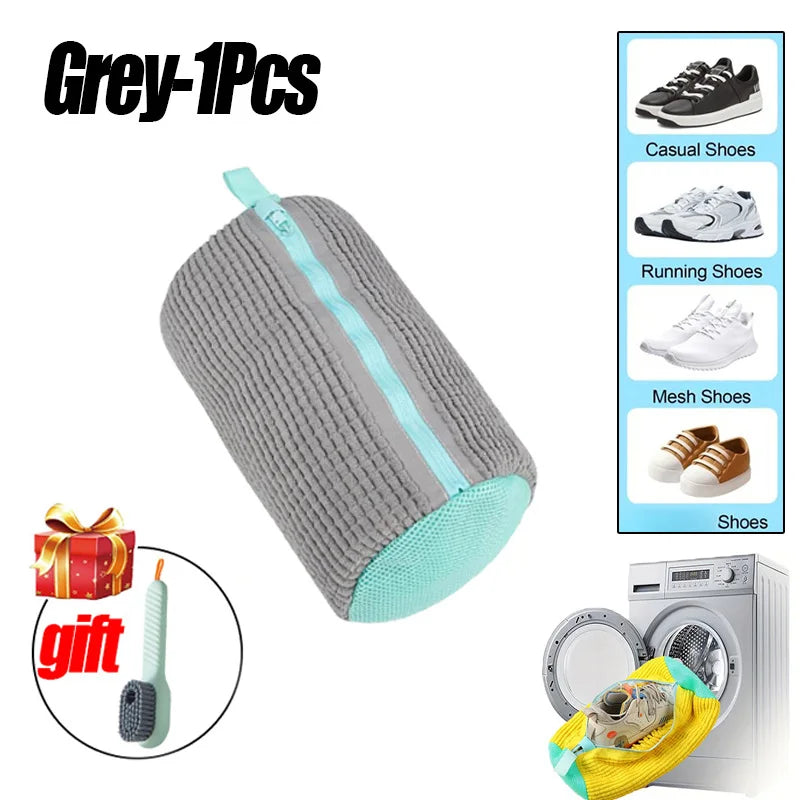 Grey 1 piece durable zippered laundry bag for shoe cleaning with a gift box and a yellow cloth.