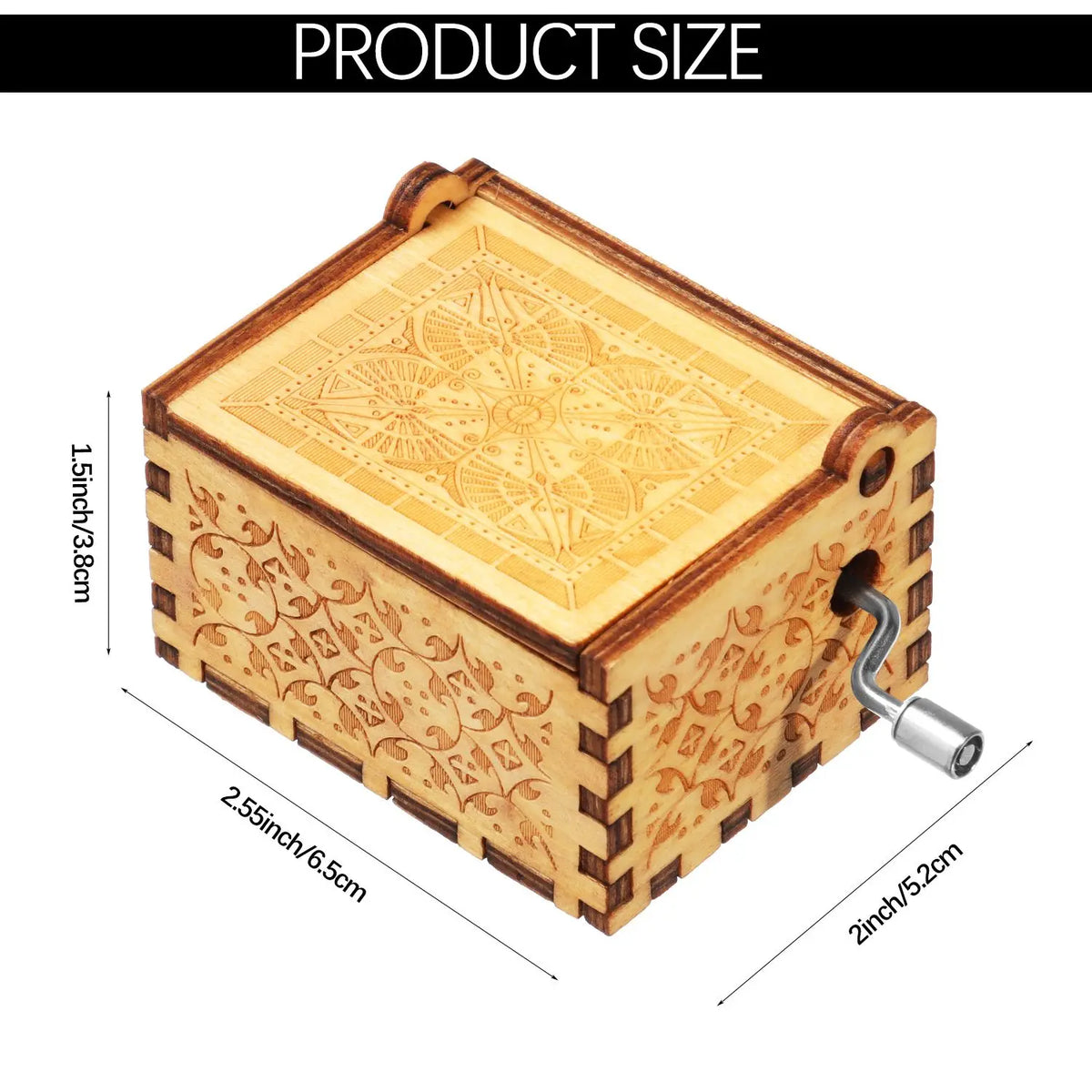 Una caja de música de madera marrón claro con patrones decorativos y una manivela de metal.