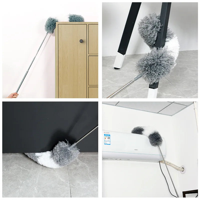 A retractable microfiber dust duster with a gray and white fluffy head is shown in various contexts.