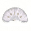 A white feather hand fan with the word bride spelled out in small embellishments for bridal decor.