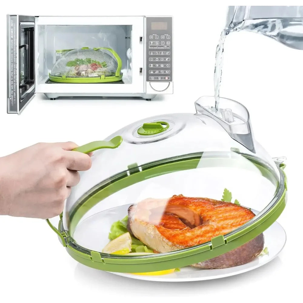 A hand places a food item inside a clear microwave splatter cover, which is being filled with water.