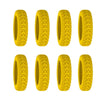 Eight silicone luggage wheel protectors in yellow