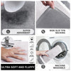 Close-up of a gray microfiber bath mat showing super absorbency, non-slip TPR backing, and ultra-soft fluffy texture.