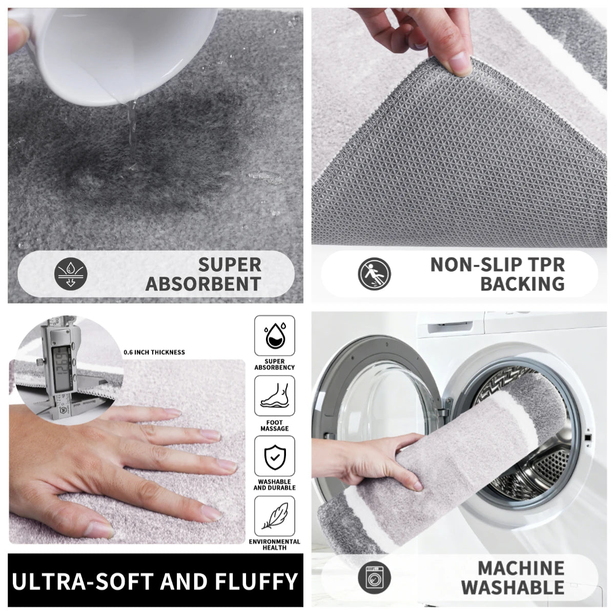 Close-up of a gray microfiber bath mat showing super absorbency, non-slip TPR backing, and ultra-soft fluffy texture.