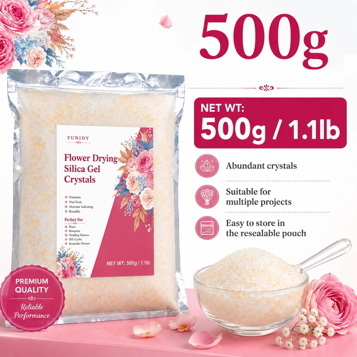 A package of Flower Drying Silica Gel Crystals with pink floral accents and a glass bowl of the crystals.