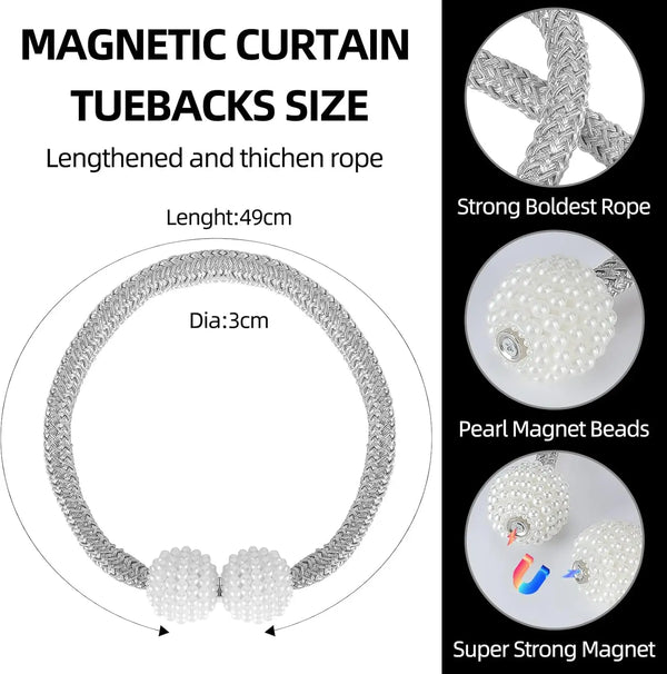 A set of magnetic curtain tiebacks featuring lengthened and thickened silver rope with pearl magnetic beads.
