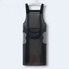 A black waterproof kitchen apron with gray textured accents hanging on a white hanger.