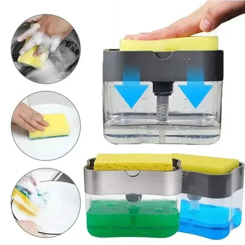 A dual-function liquid soap dispenser with a sponge holder, showing various components and usage.