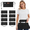 A woman models a black fashion chef short apron with pockets, showing various folded versions of the apron.