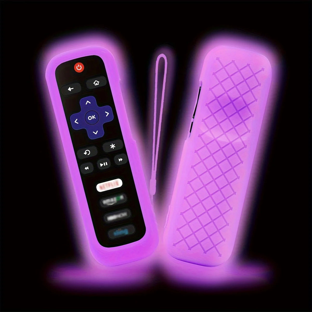 A glow-in-the-dark silicone remote control cover in purple with a lanyard, shown against a black background.