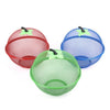 Three colorful metal fruit baskets with mesh covers in red, blue, and green for kitchen storage