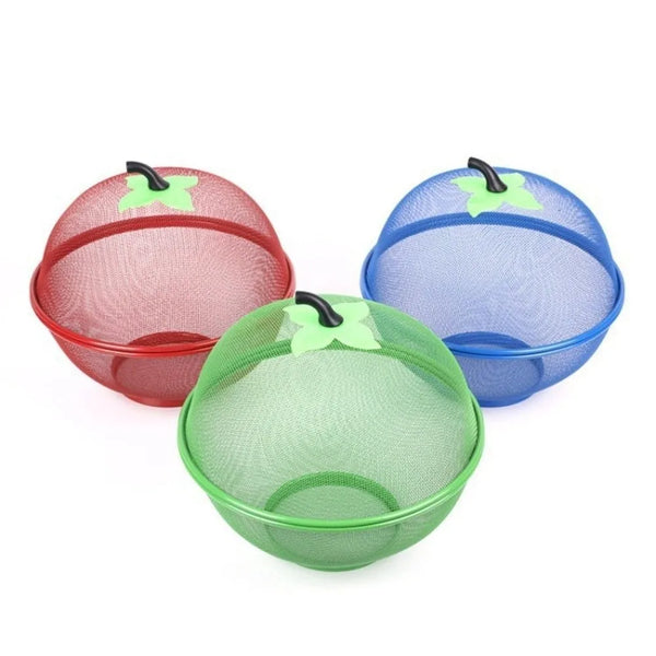 Three colorful metal fruit baskets with mesh covers in red, blue, and green for kitchen storage