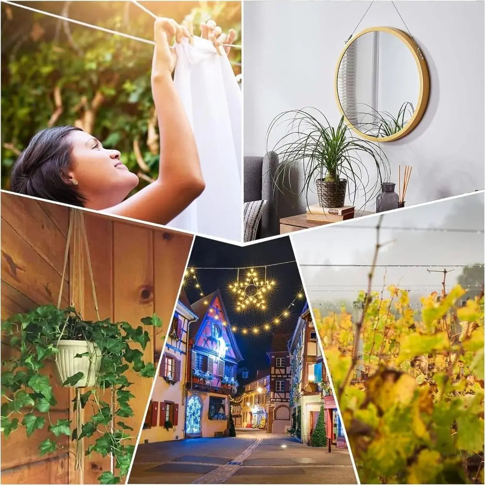 A collage showing a person stretching, a potted plant hanging, and a festive street scene with lights.