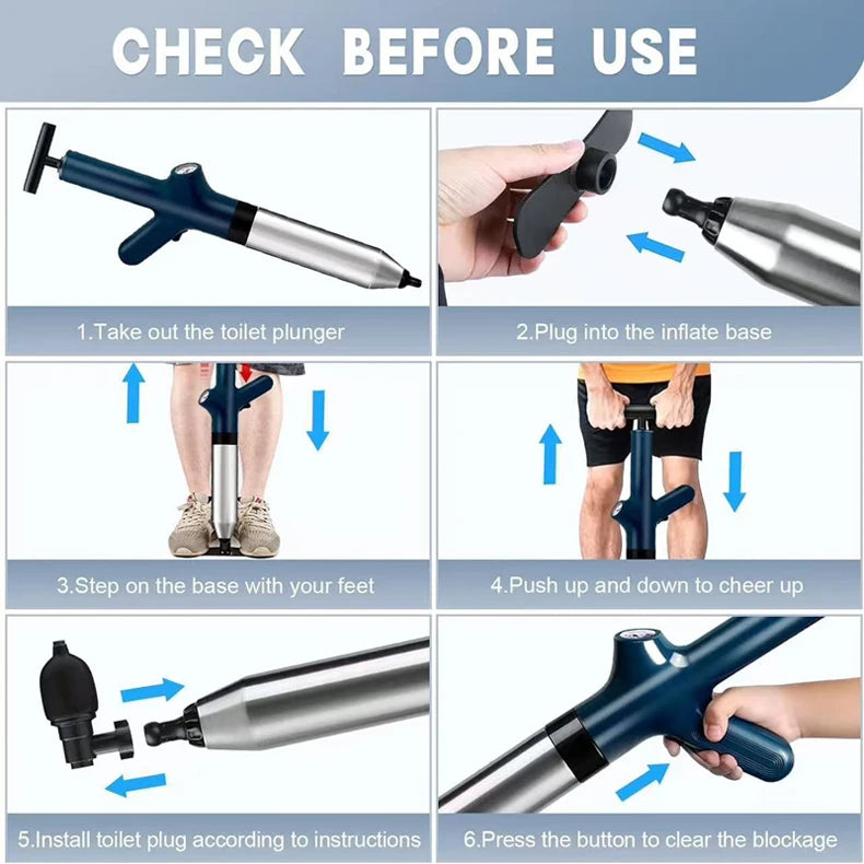 Instructions for using a heavy-duty stainless steel drain blaster kit to clear a toilet blockage.