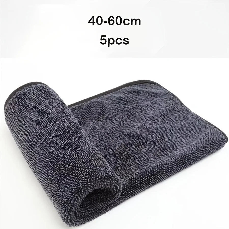 A stack of five dark gray microfiber car cleaning towels, measuring 40-60cm each.