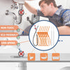 A professional drain cleaning kit showing various tools and benefits like non-toxic, eco-friendly, and less-spend options.