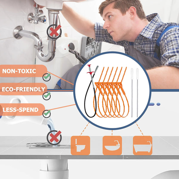 A professional drain cleaning kit showing various tools and benefits like non-toxic, eco-friendly, and less-spend options.