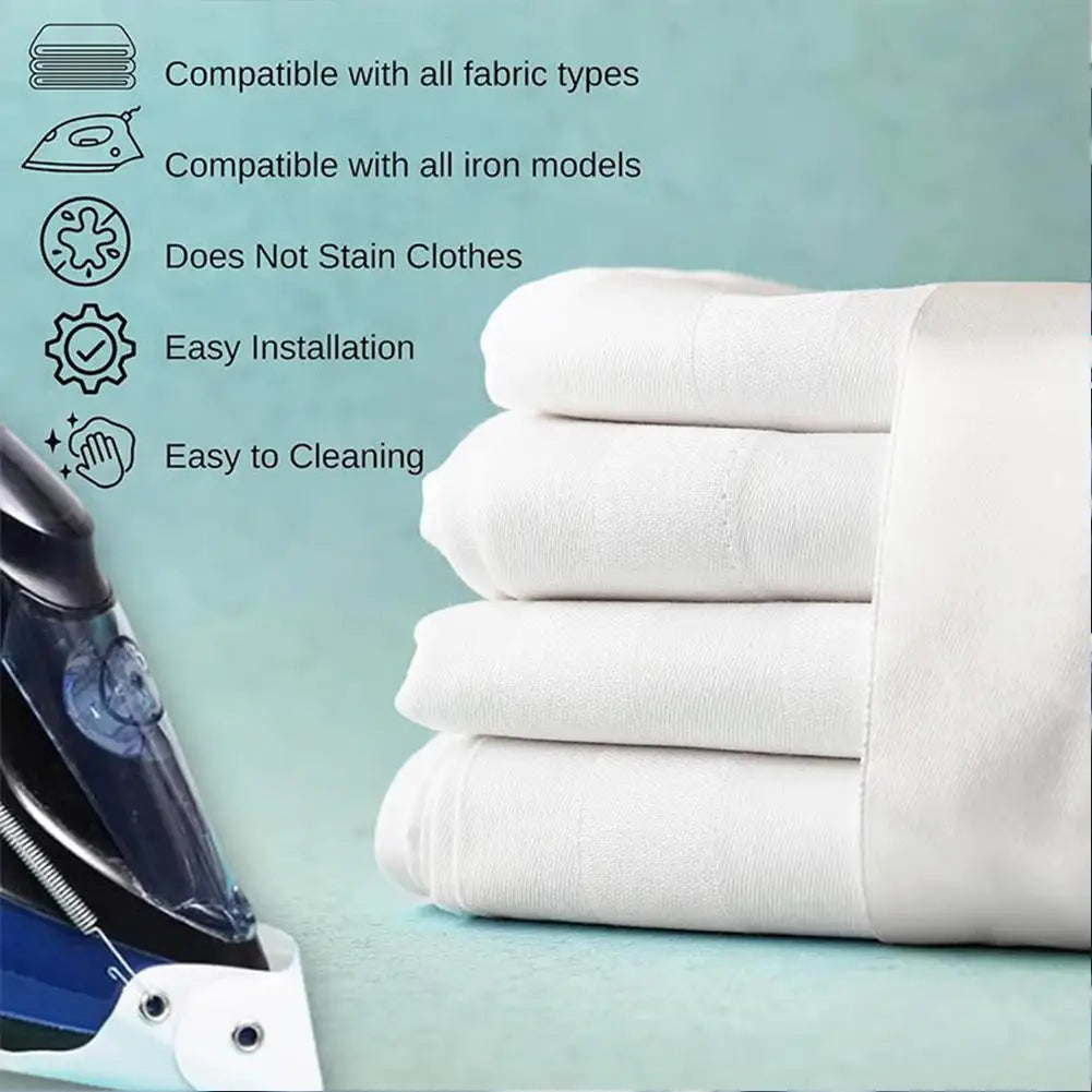 A stack of white fabric is shown next to a steam iron with a protective cover shield.