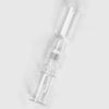 A clear glass refillable styling mist spray bottle with a white top and dropper mechanism.