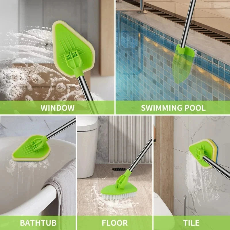 A collection of bright green retractable triangular brushes used for cleaning windows, swimming pools, bathtubs, floors, and 