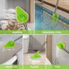 A collection of bright green retractable triangular brushes used for cleaning windows, swimming pools, bathtubs, floors, and 