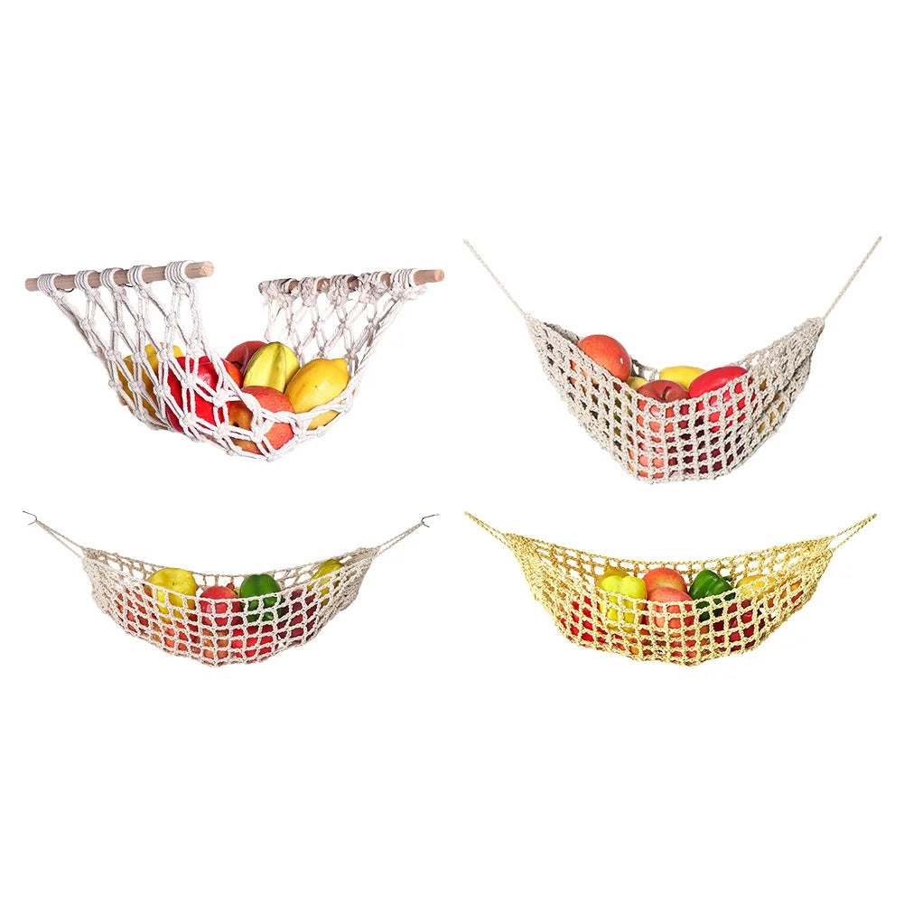 Three macrame hanging fruit hammocks made of woven material displaying various fruits like apples and citrus.