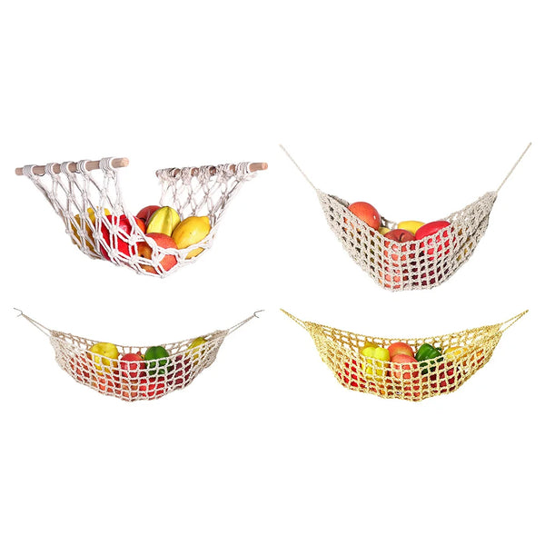 Three macrame hanging fruit hammocks made of woven material displaying various fruits like apples and citrus.
