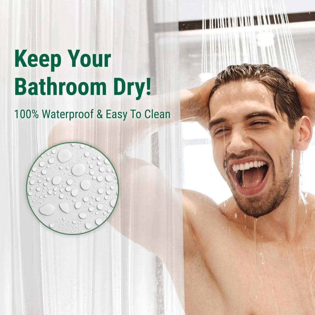 A man is showering under a clear shower curtain, demonstrating the waterproof and easy-to-clean features of the liner.