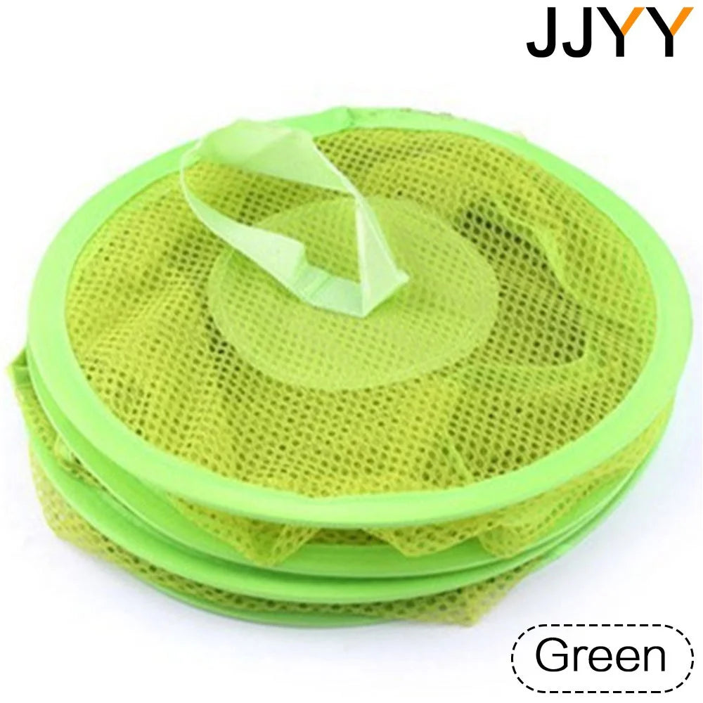 A stack of green multi-layer mesh hanging storage organizers with a circular top piece.