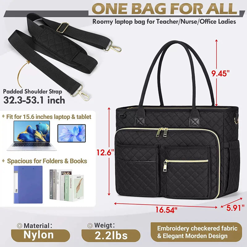 Black quilted multi-pocket tote bag with shoulder strap designed for laptop and daily organization