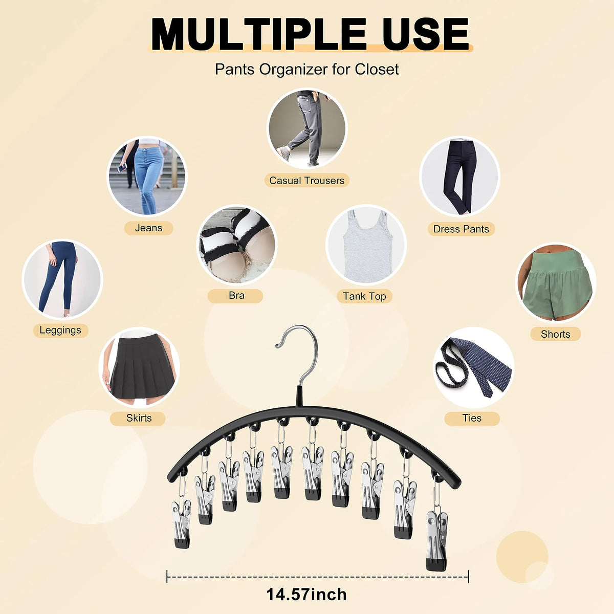 Percha de acero inoxidable negro con múltiples clips, usada como organizador de pantalones para un armario.