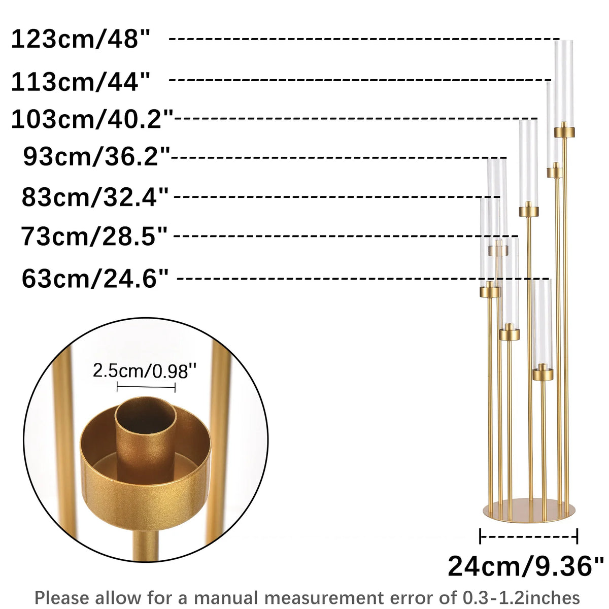 Un juego de candelabros de oro para suelo con siete alturas ajustables y una escala de medición.